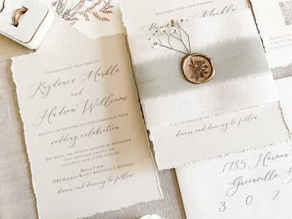 Muted Sage Green Wedding Invitation with Deckled Edging, Vellum, Ribbon, Baby’s Breath and Wax Seal