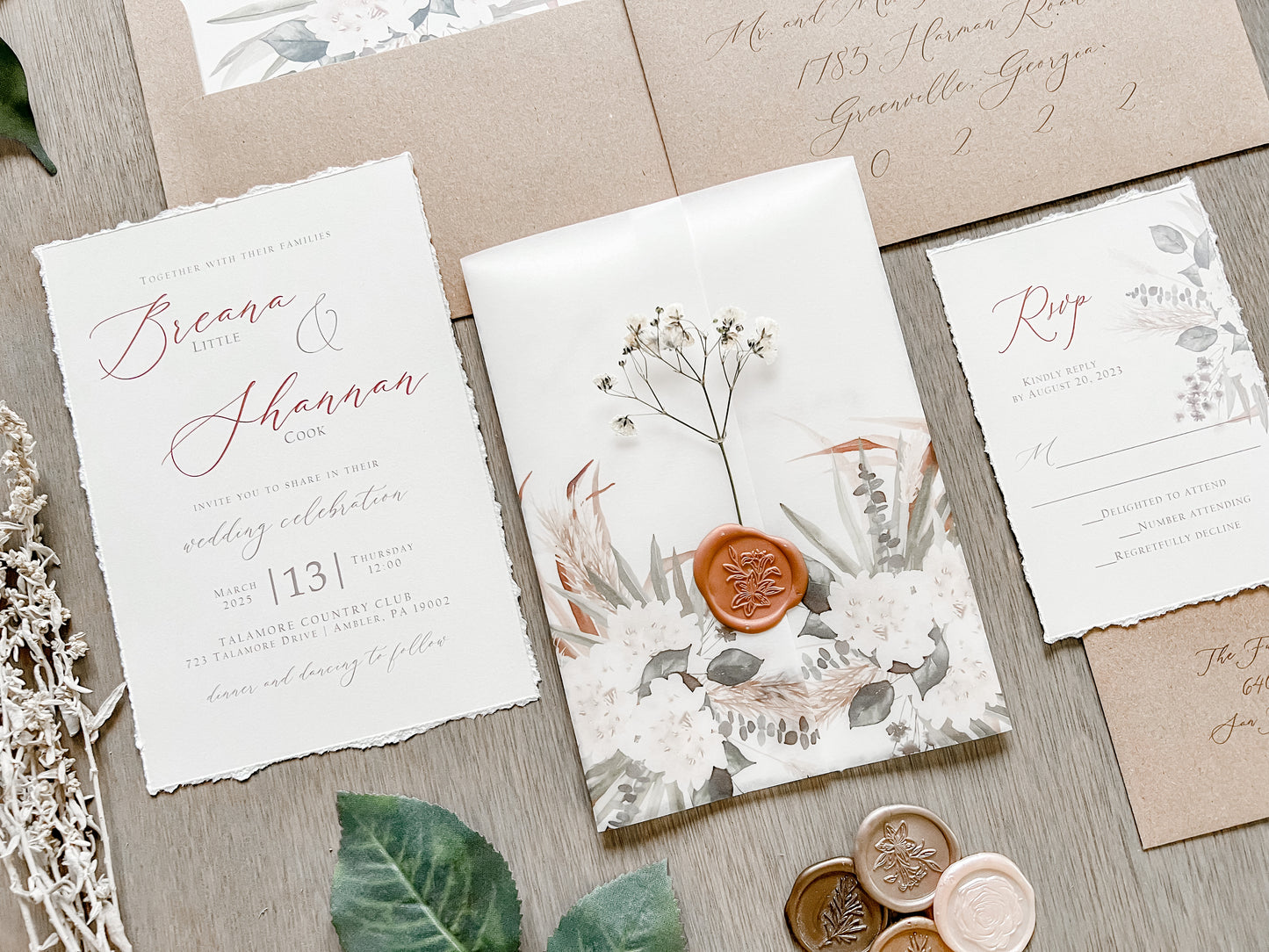 Pampas Grass and White Floral Wedding Invitation with Baby’s Breath, Deckled Edge and Boho Vellum with Wax Seal