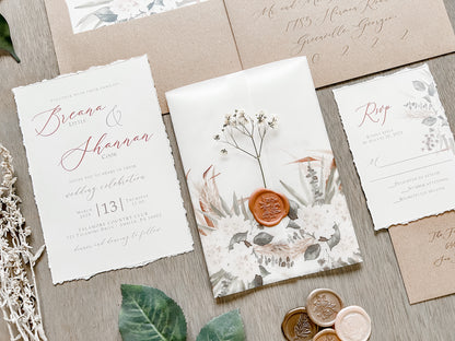 Pampas Grass and White Floral Wedding Invitation with Baby’s Breath, Deckled Edge and Boho Vellum with Wax Seal