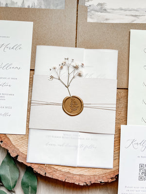 Elegant Wedding Invitation with Baby’s Breath, Beige & Vellum Wrap and Wax Seal