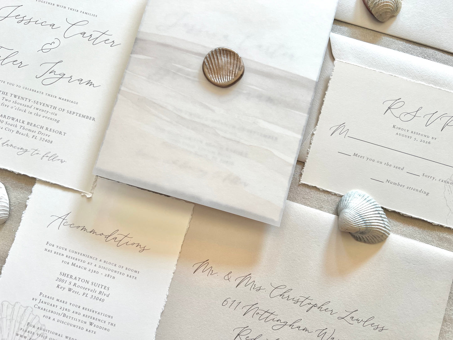 Beach Wedding Invitation with Vellum & Seashell Wax Seal
