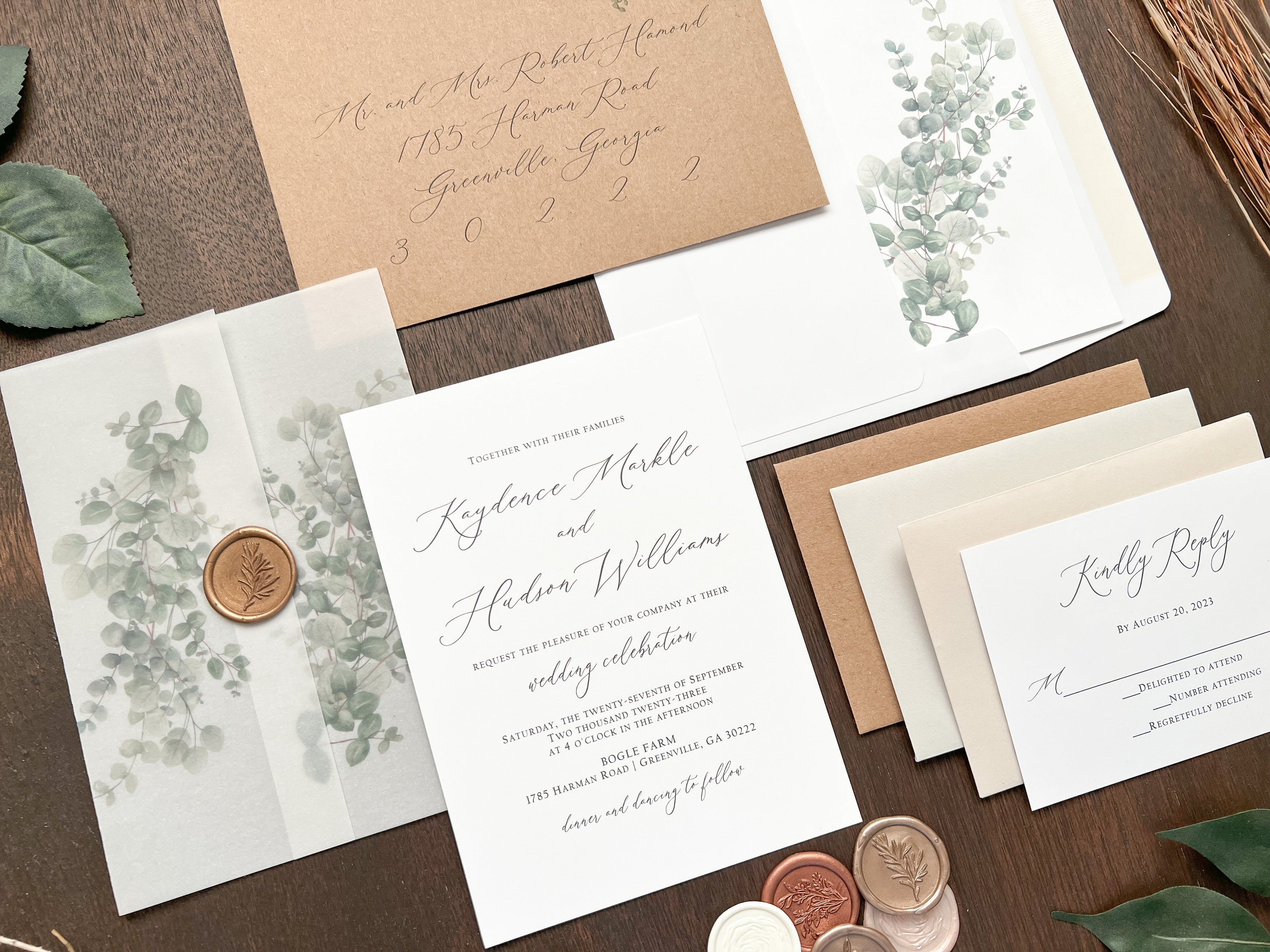 Eucalyptus Vellum Wedding Invitation with Antique Gold Wax Seal