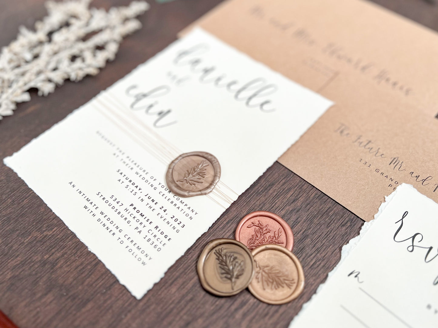 Simple Ivory Wedding Invitation with Deckled Edge, Wax Seal & Thread