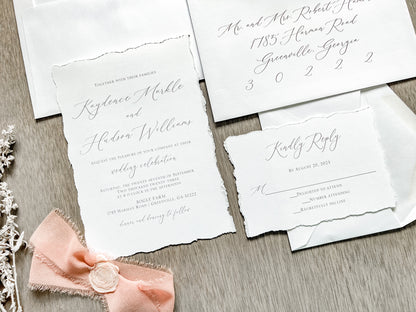 Rose Gold Ribbon Wedding Invitation with Deckled Edging and Blush Pink Wax Seal