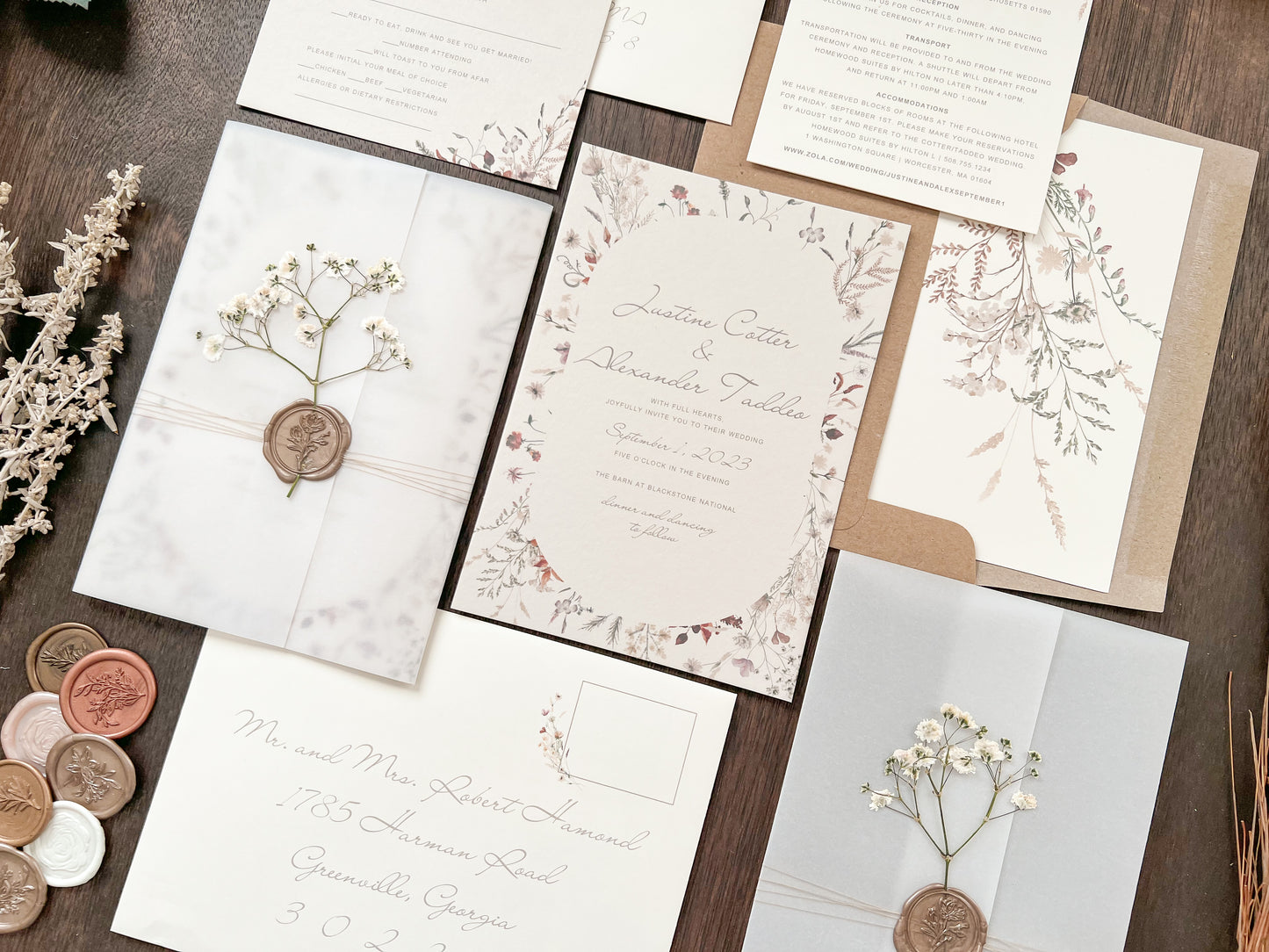 Baby’s Breath Wedding Invitation with Deckled Edging, Vellum Wrap and Wax Seal