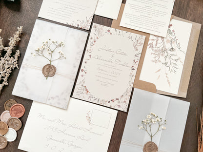 Baby’s Breath Wedding Invitation with Deckled Edging, Vellum Wrap and Wax Seal