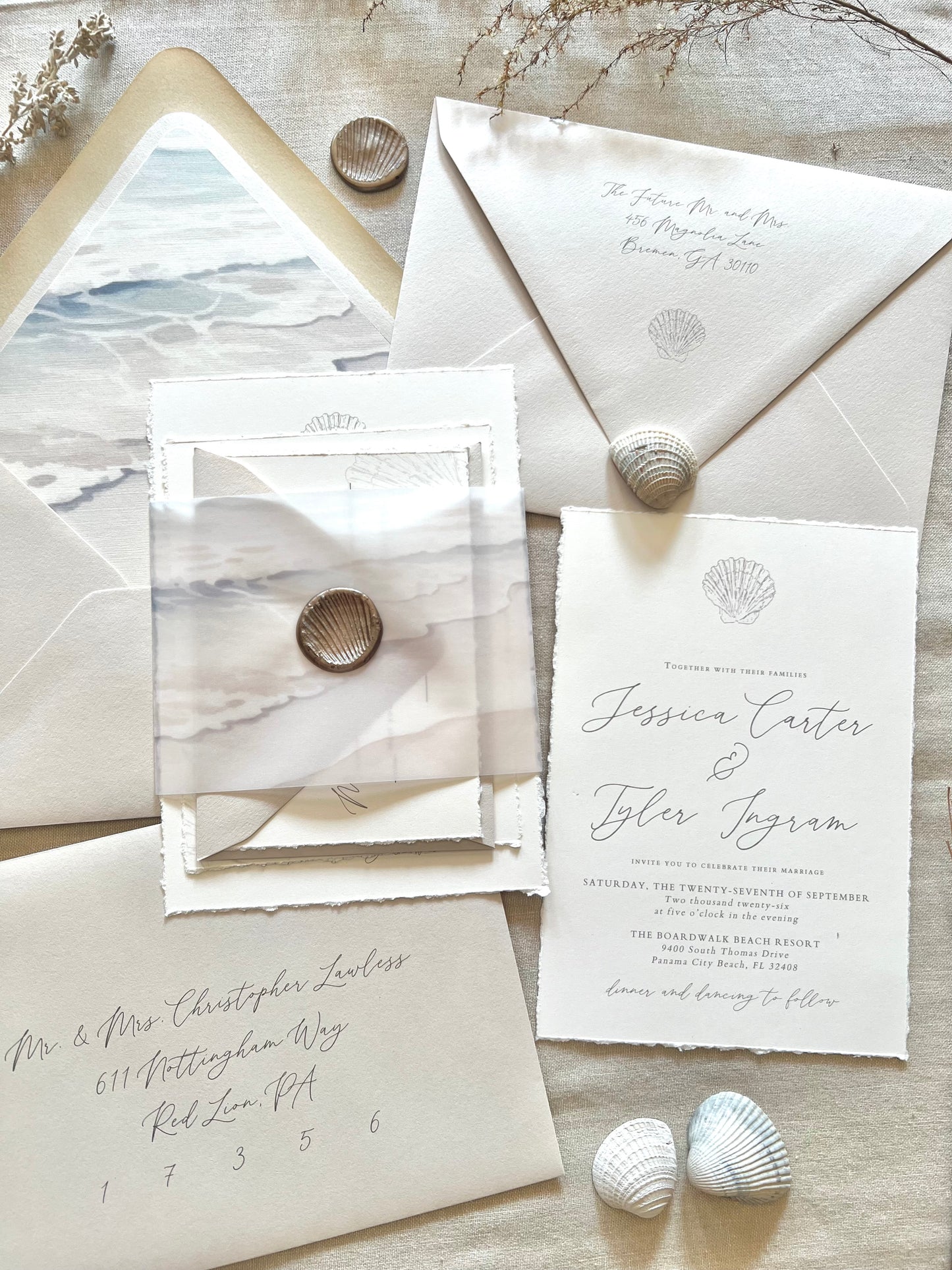 Ocean Waves Beach Wedding Invitation with Vellum & Wax Seal