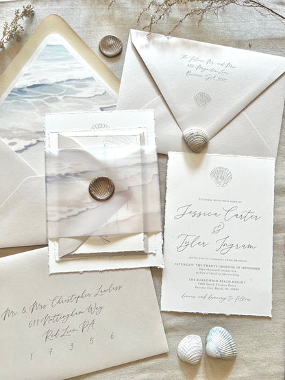Ocean Waves Beach Wedding Invitation with Vellum & Wax Seal