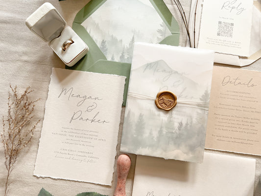 Mountain wedding invitation with Vellum wrap and wax seal