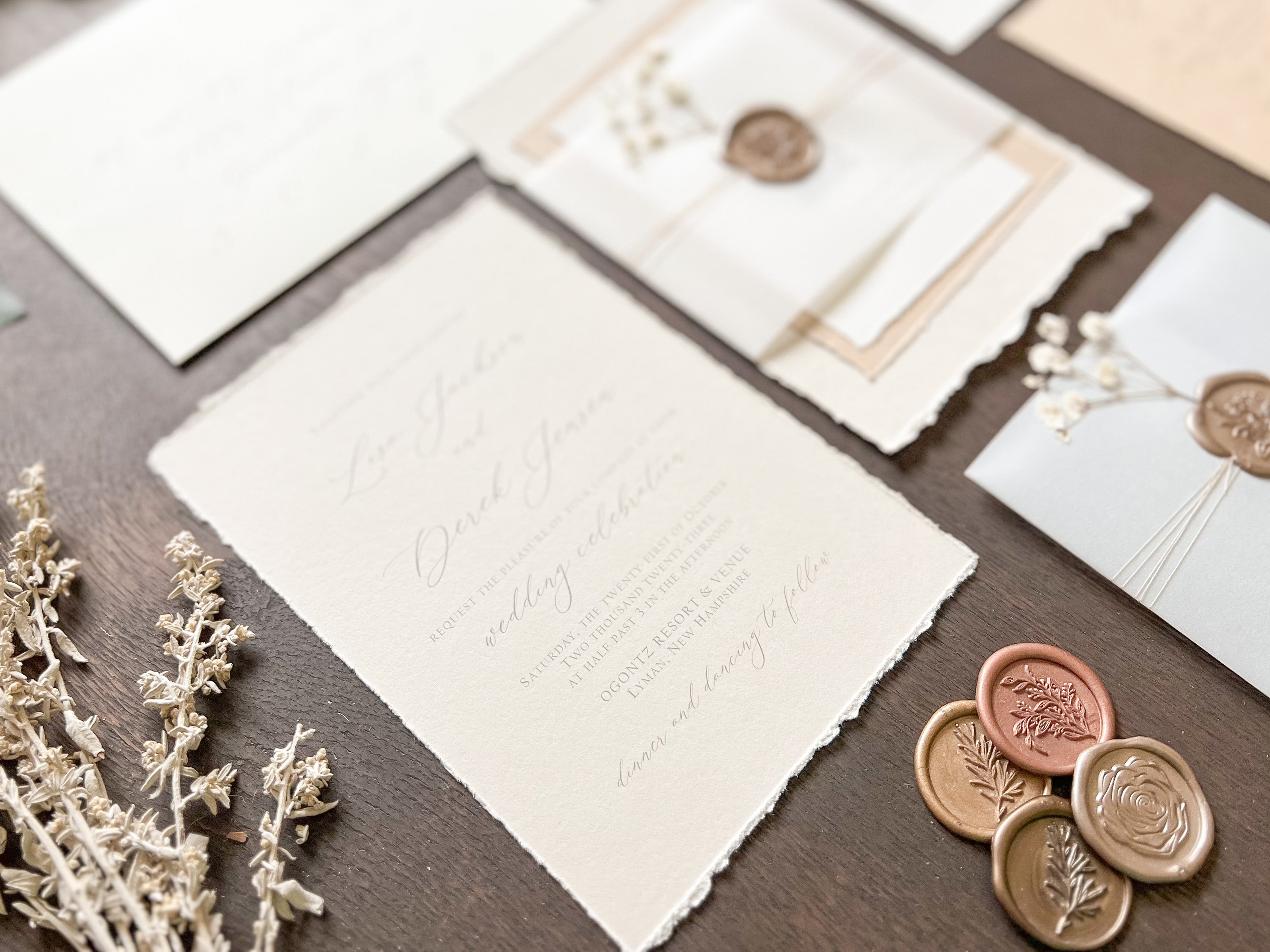 Elegant Beige Baby’s Breath Wedding Invitation with Deckled Edging, Vellum Belly Band and Wax Seal