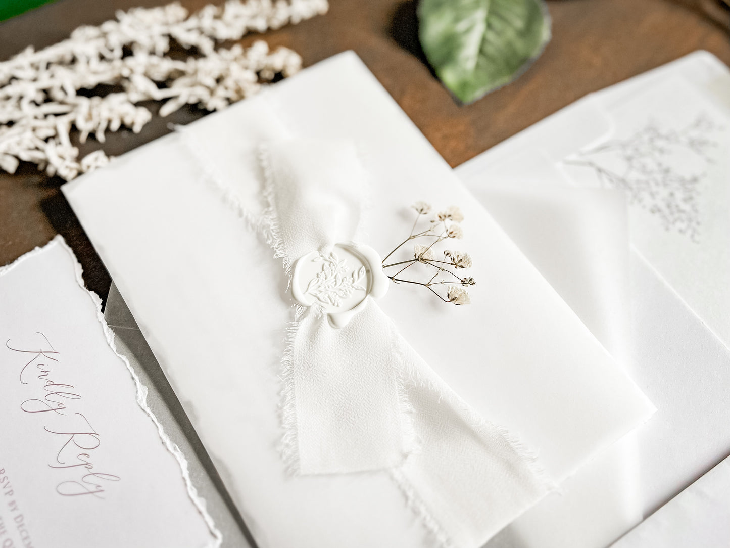 White Baby’s Breath Wedding Invitation with Deckled Edging, QR code RSVP, Vellum, Chiffon Ribbon and Wax Seal