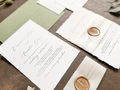 Simple Deckled Edge Wedding Invitation with Vellum and Wax Seal