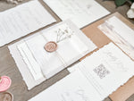 Neutral Wedding Invitation with Baby’s Breath, Deckled Edging, Vellum Belly Band and Wax Seal