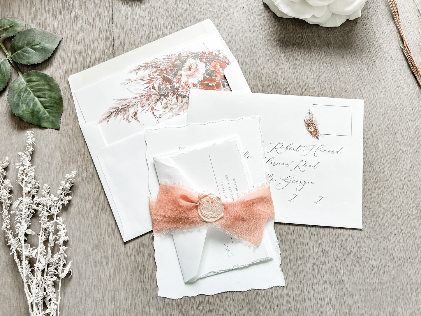 Rose Gold Ribbon Wedding Invitation with Deckled Edging and Blush Pink Wax Seal