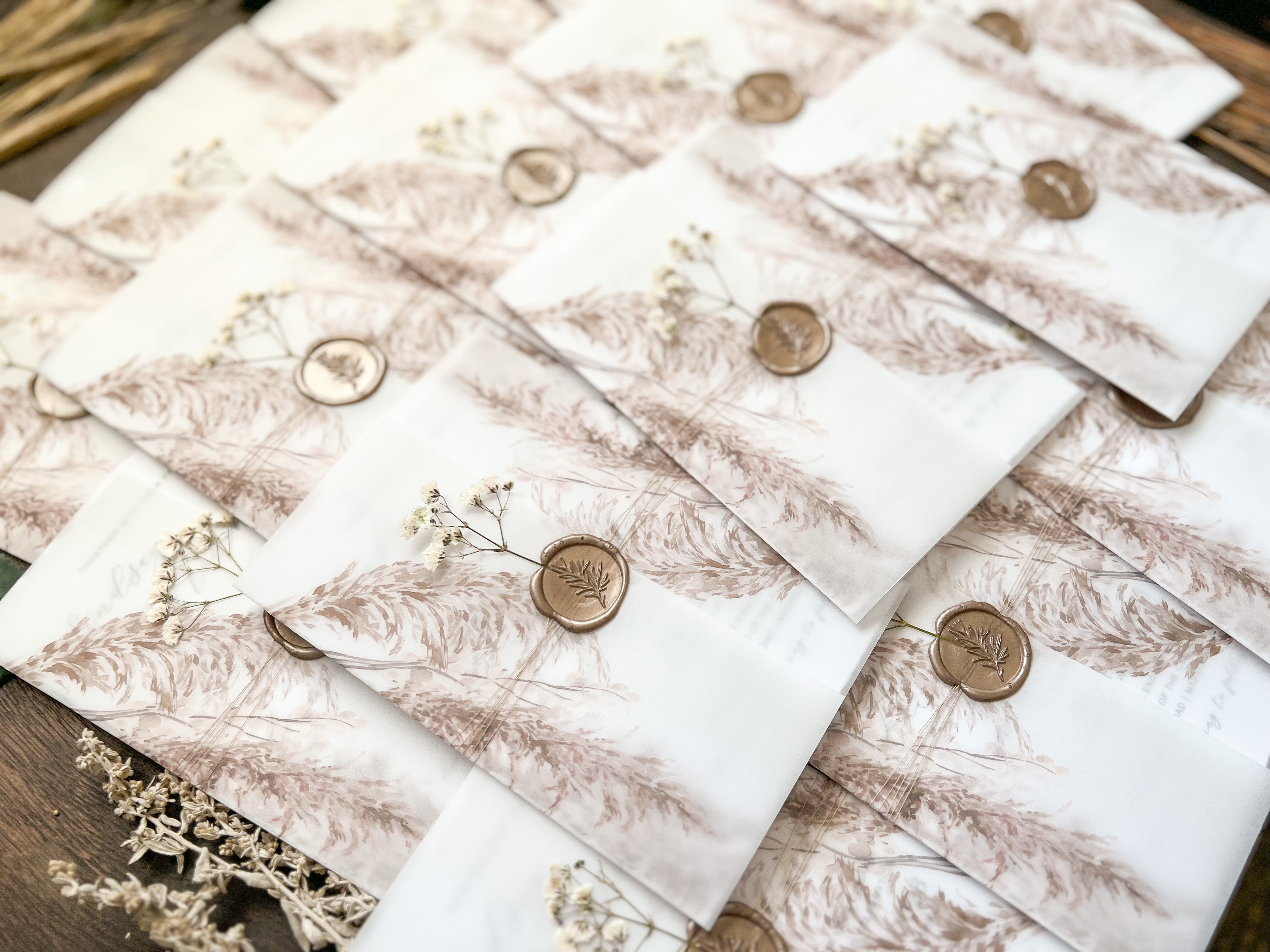 Pampas Grass and Baby’s Breath Wedding Invitation with Deckled Edge, Boho Vellum with Wax Seal