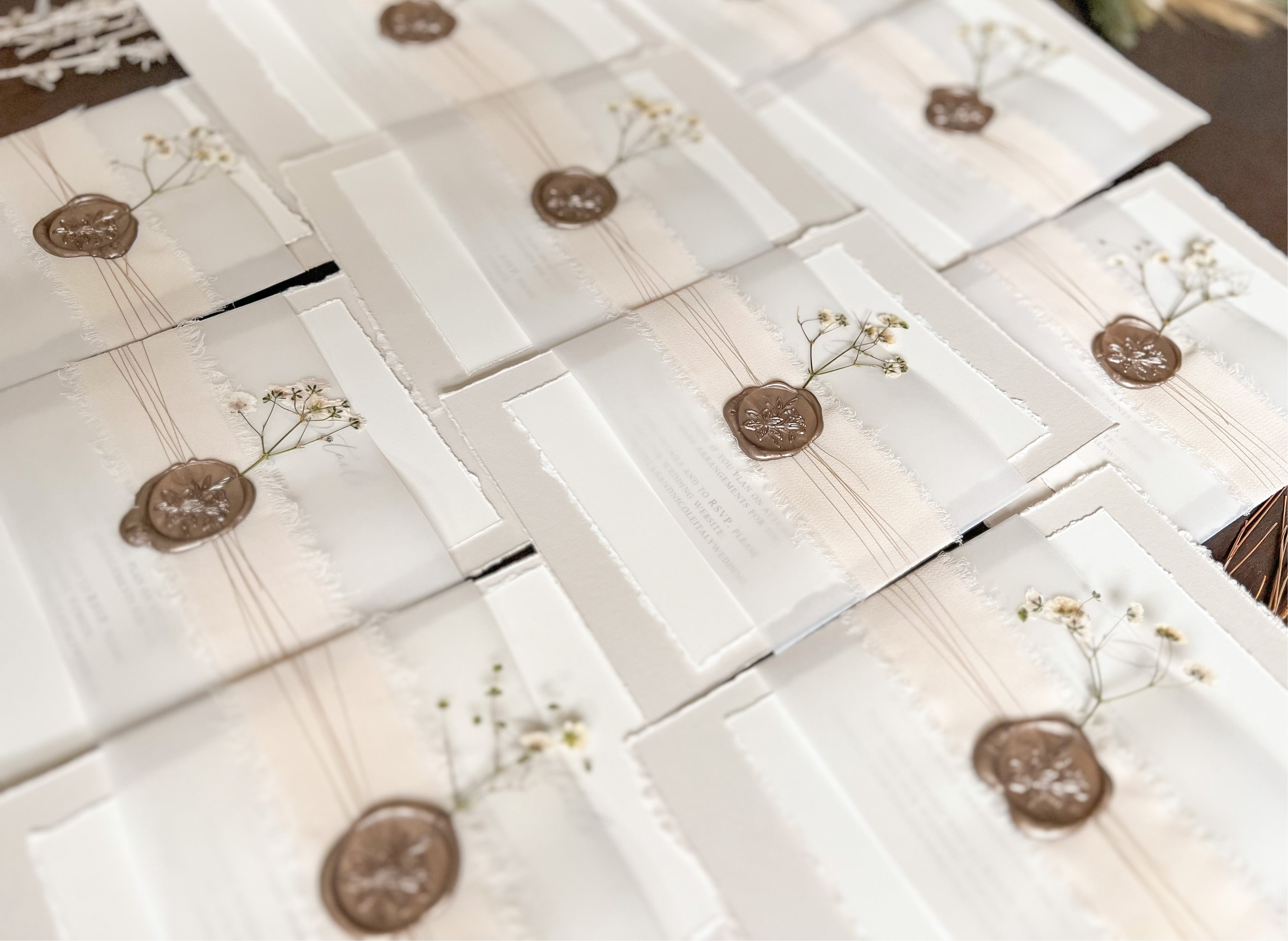 Neutral Wedding Invitation with Deckled Edging, Vellum Belly Band, Chiffon Ribbon, Dried Baby’s Breath and Wax Seal