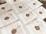 Neutral Wedding Invitation with Deckled Edging, Vellum Belly Band, Chiffon Ribbon, Dried Baby’s Breath and Wax Seal