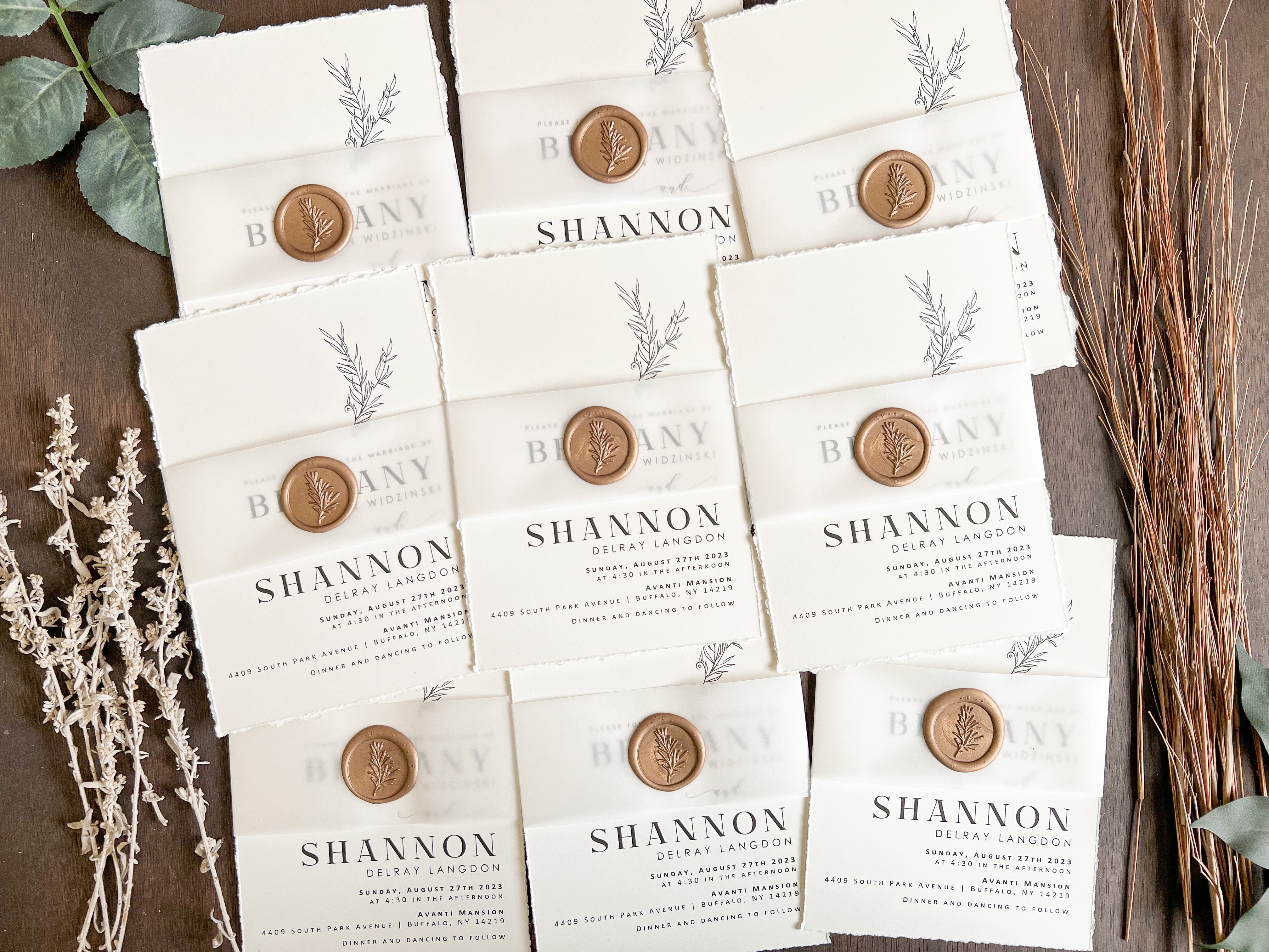 Contemporary Boho Wedding Invitation with Deckled Edging, Vellum and Wax Seal