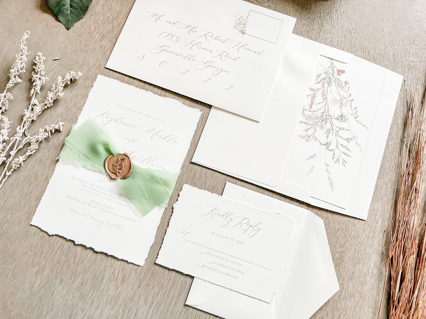 Sage Green Ribbon Wedding Invitation with Deckled Edging, Chiffon Ribbon & Antique Gold Wax Seal