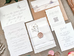 Neutral Wedding Invitation with Baby’s Breath, Deckled Edging, Vellum Belly Band and Wax Seal