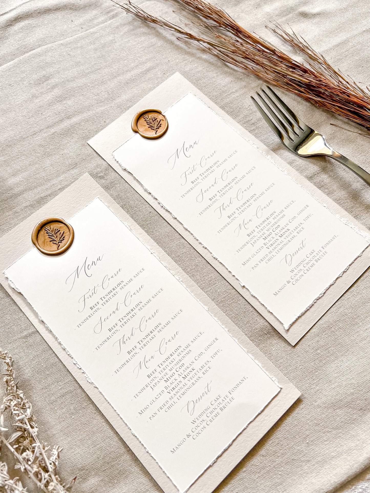Wedding Menus with Deckled Edge and Colored Backing