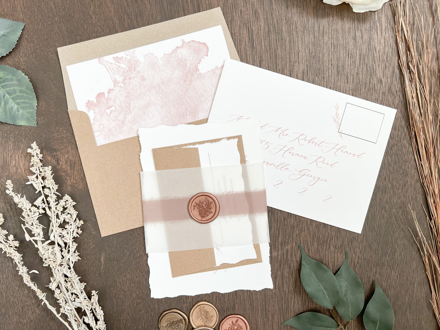 Copper Wedding Invitation with Deckled Edging, Vellum Belly Band, Chiffon Ribbon and Wax Seal