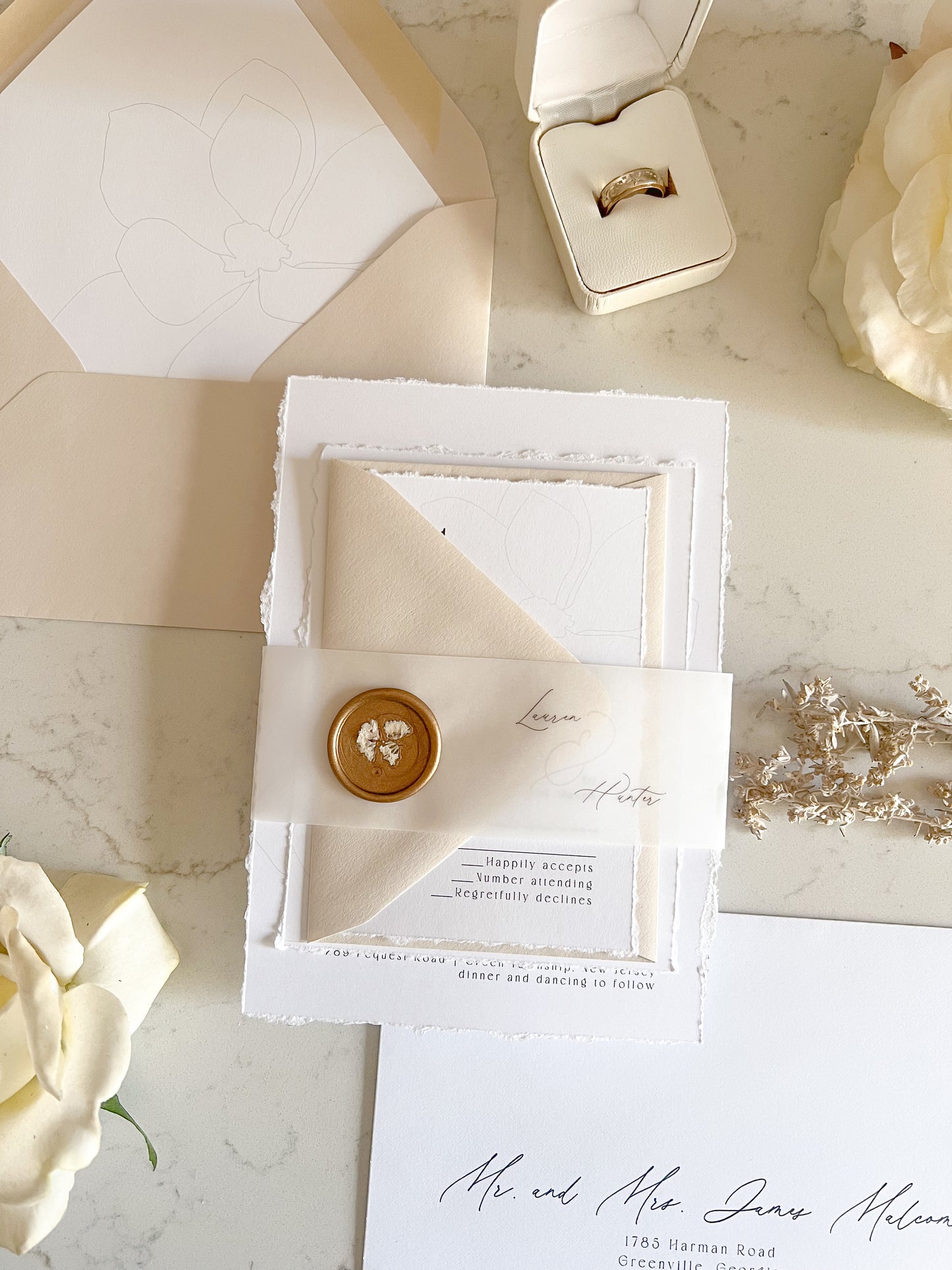 Modern Magnolia Wedding Invitation with Vellum & Wax seal