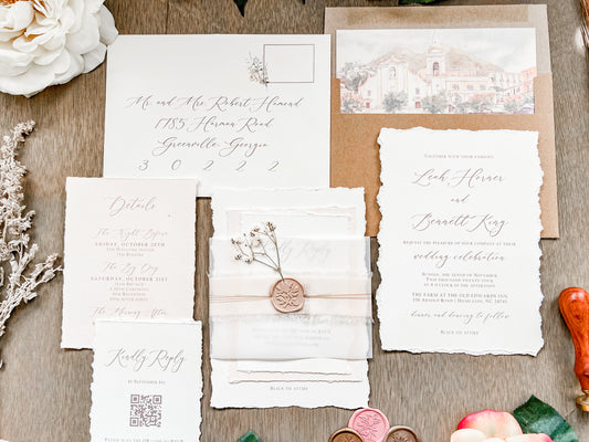 Neutral Wedding Invitation with Deckled Edging, Vellum Belly Band, Chiffon Ribbon, Dried Baby’s Breath and Wax Seal