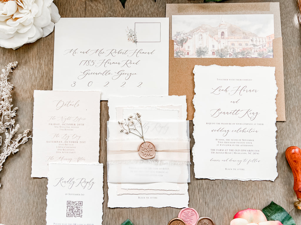 Neutral Wedding Invitation with Deckled Edging, Vellum Belly Band, Chiffon Ribbon, Dried Baby’s Breath and Wax Seal