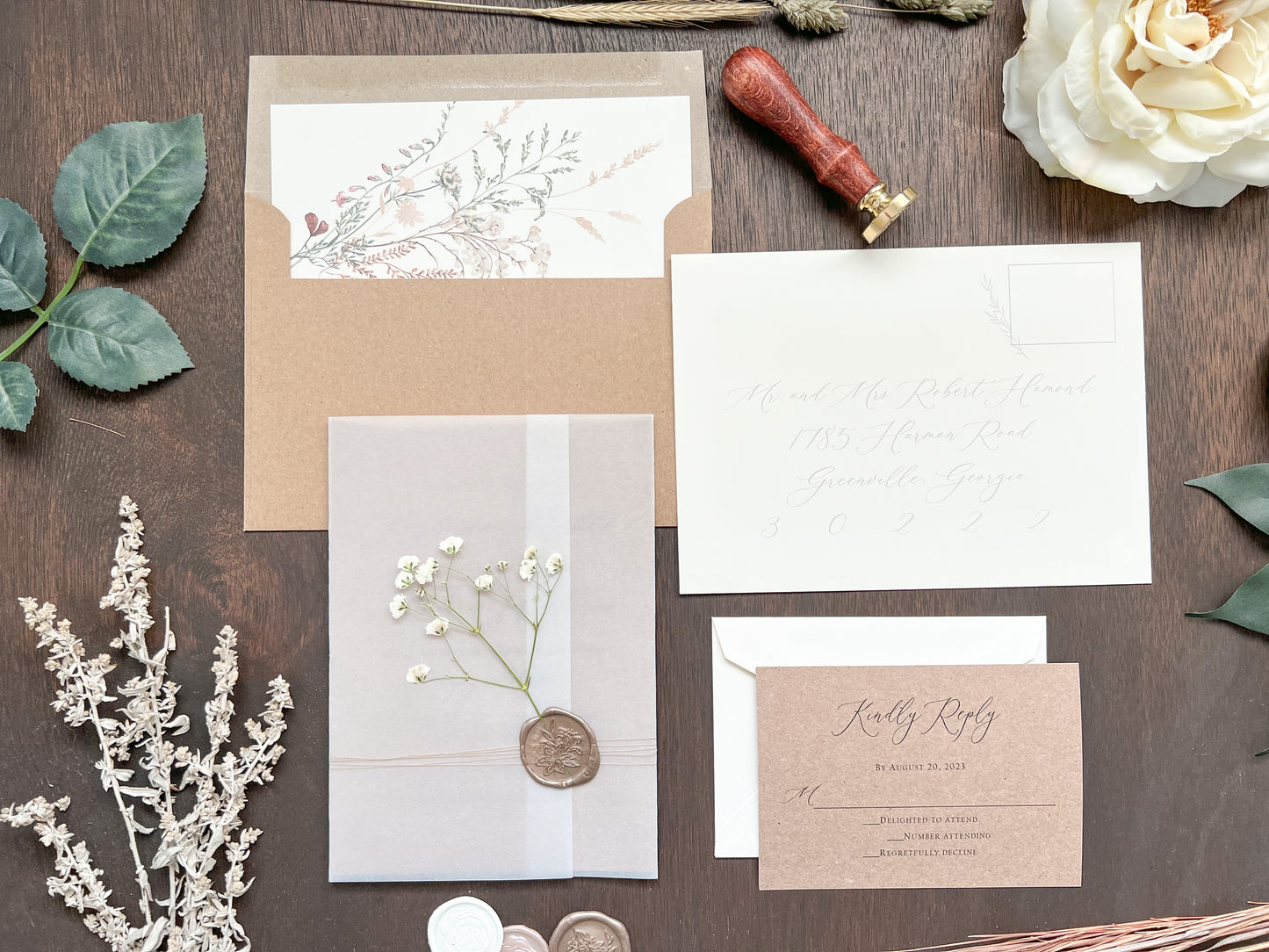 Rustic Baby’s Breath Wedding Invitation with Vellum Wrap and Wax Seal