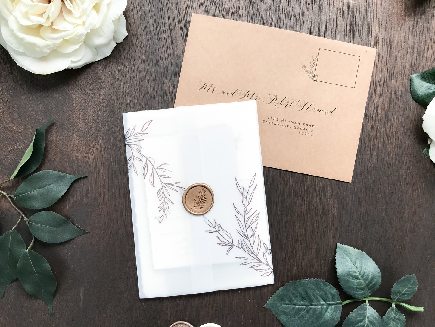 Contemporary Modern Boho Wedding Invitation with Deckled Edging, Vellum and Antique Gold Wax Seal