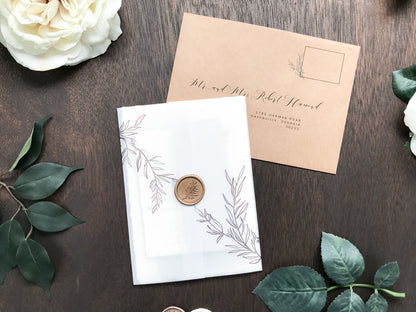 Contemporary Modern Boho Wedding Invitation with Deckled Edging, Vellum and Antique Gold Wax Seal