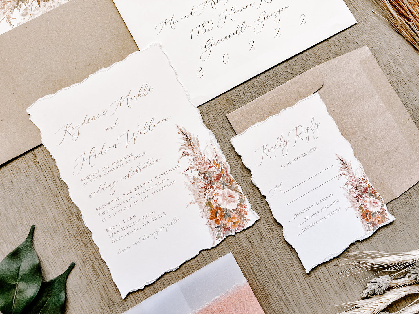 Rose Gold Wedding Invitation with Pampas Grass, Terracotta Beige Florals, Deckled Edging, Vellum Belly Band, Chiffon Ribbon and Wax Seal