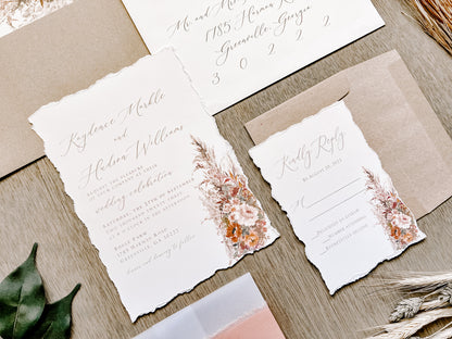 Rose Gold Wedding Invitation with Pampas Grass, Terracotta Beige Florals, Deckled Edging, Vellum Belly Band, Chiffon Ribbon and Wax Seal