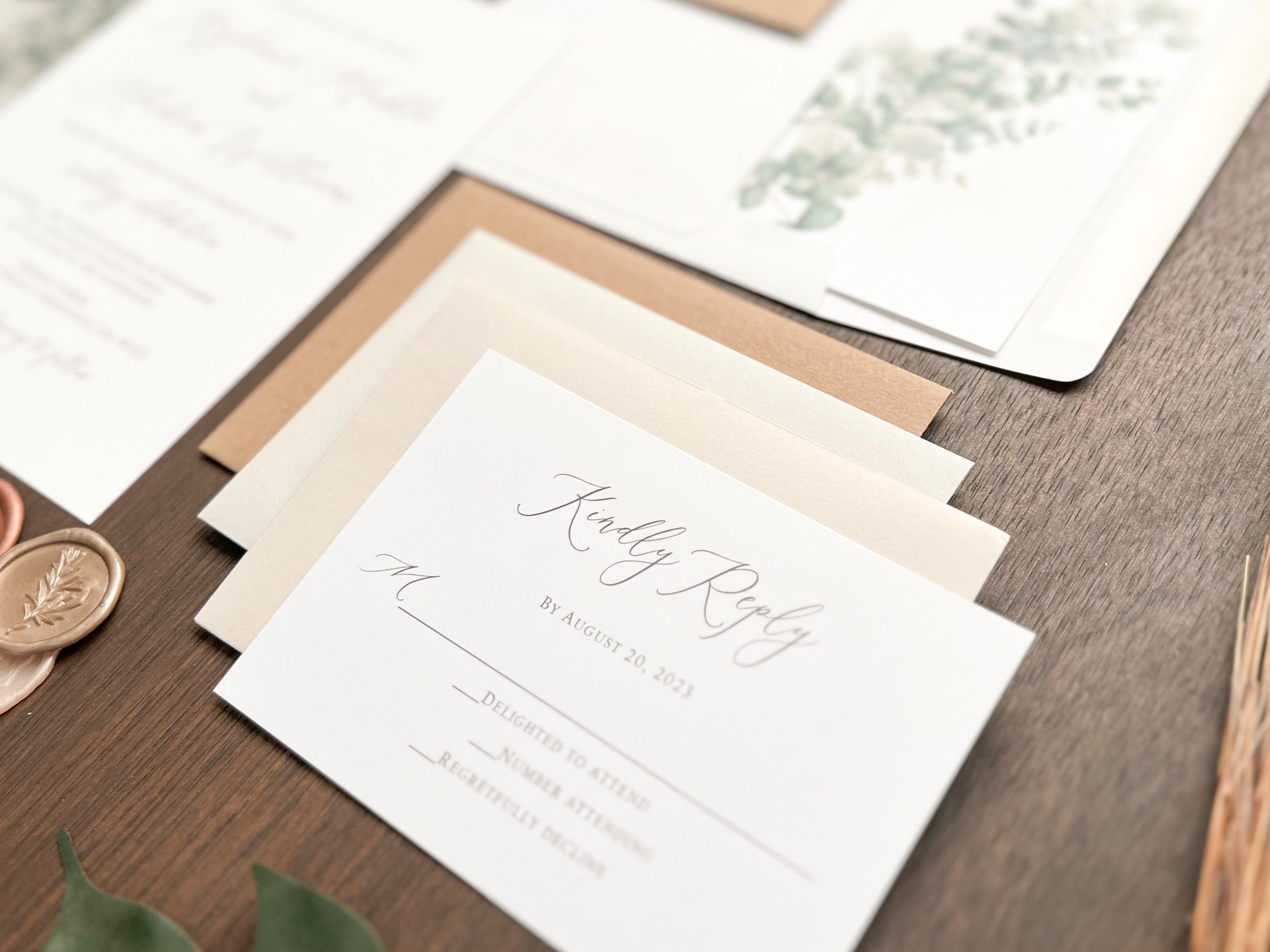 Eucalyptus Vellum Wedding Invitation with Antique Gold Wax Seal