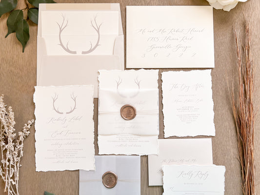 Antler Boho Wedding Invitation with Deckled Edging, Vellum Belly Band and Wax Seal