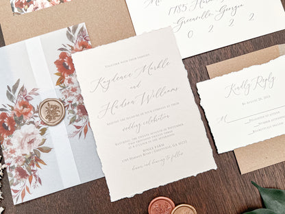 Boho Fall Floral Wedding Invitation with Deckled Edging, Vellum & Wax Seal