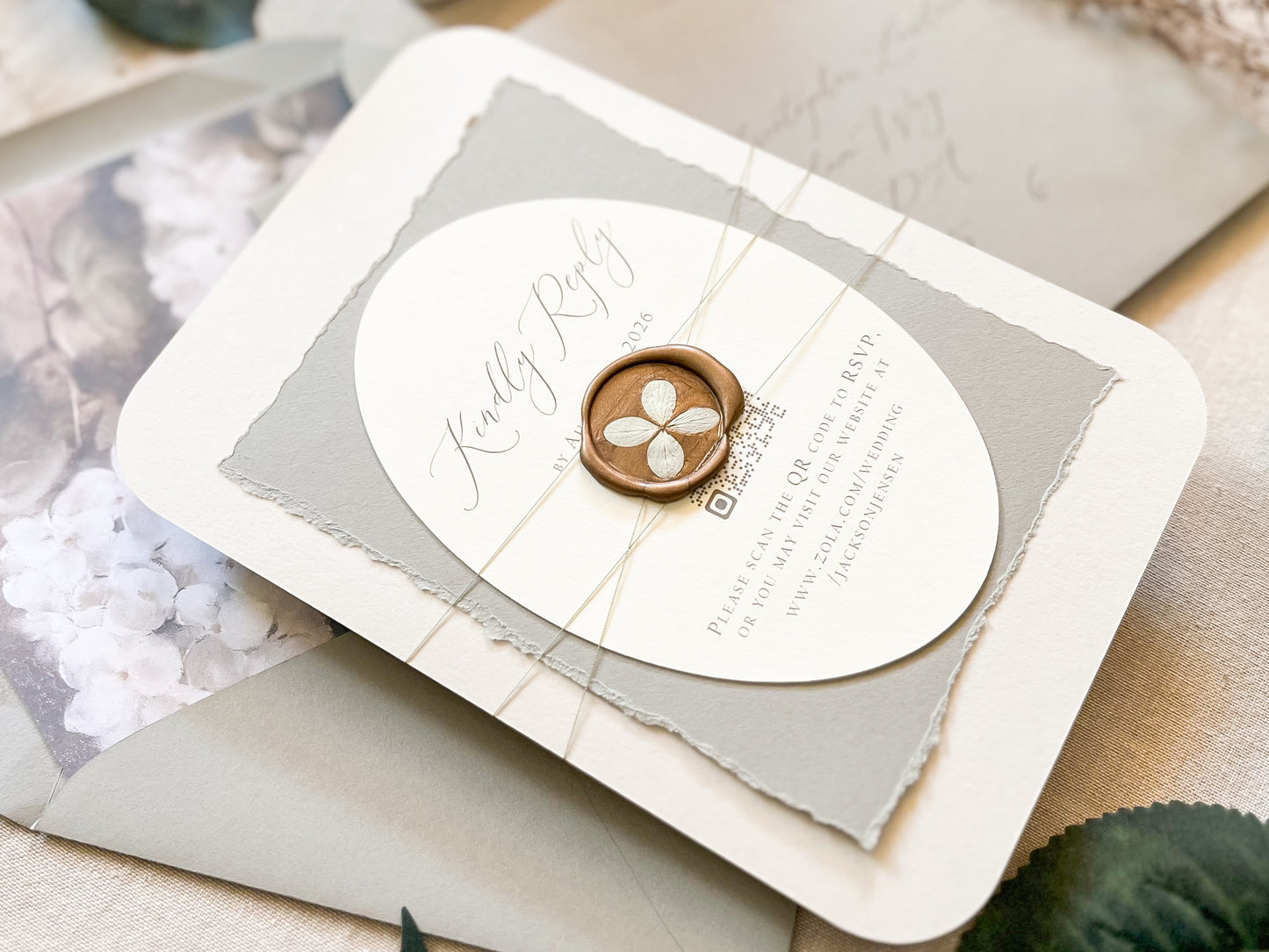 Hydrangea Wedding Invitation with Wax Seal