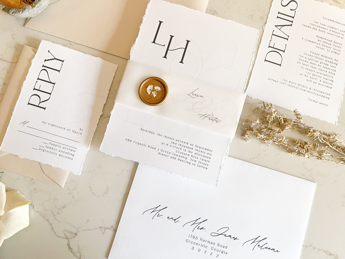 Modern Magnolia Wedding Invitation with Vellum & Wax seal