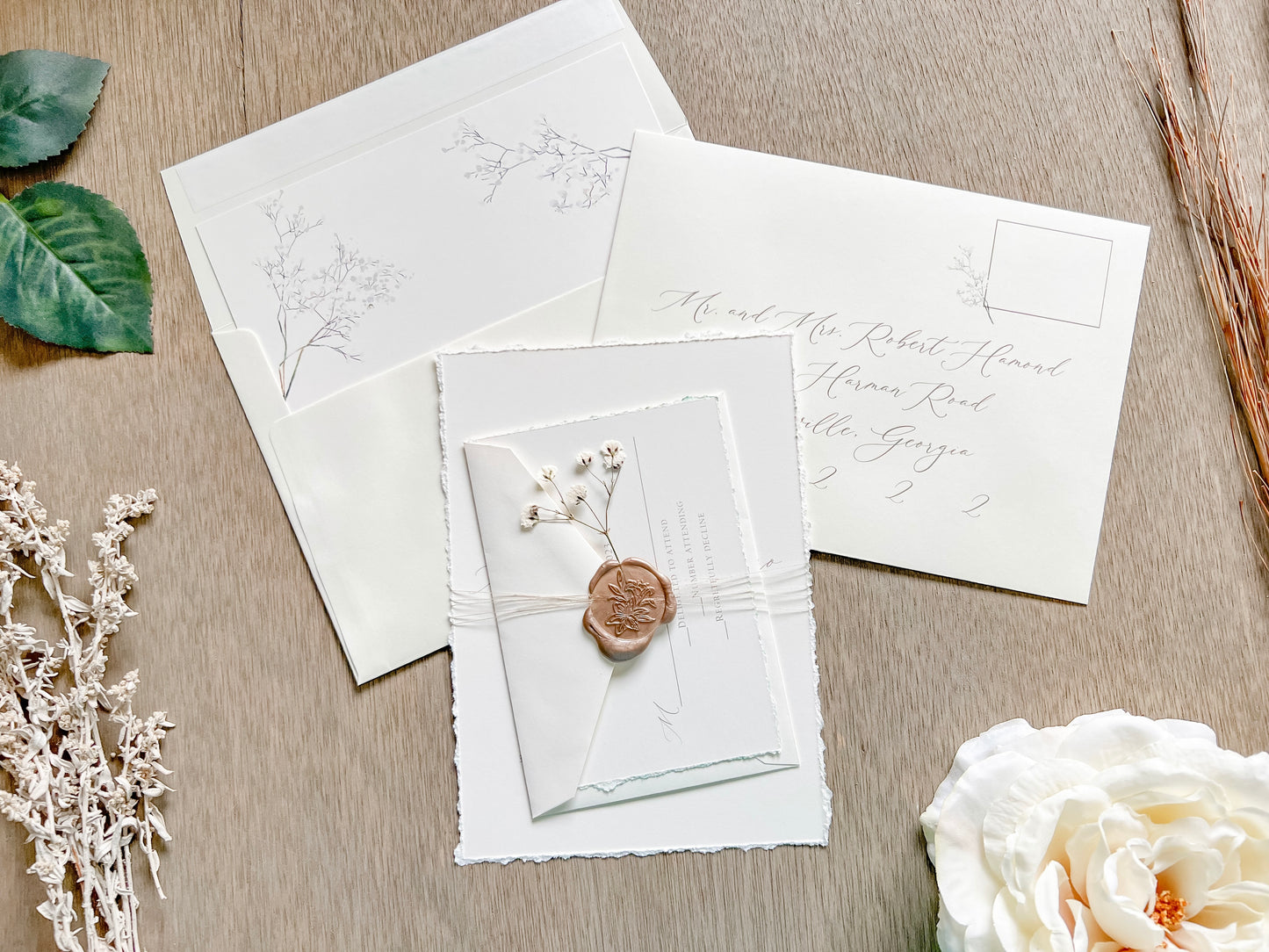 Elegant Ivory Baby’s Breath Wedding Invitation with Deckled Edging and Wax Seal