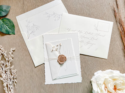 Elegant Ivory Baby’s Breath Wedding Invitation with Deckled Edging and Wax Seal