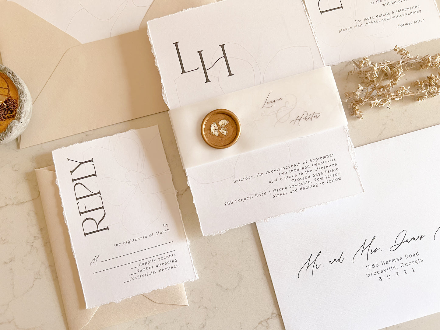 Modern Magnolia Wedding Invitation with Vellum & Wax seal