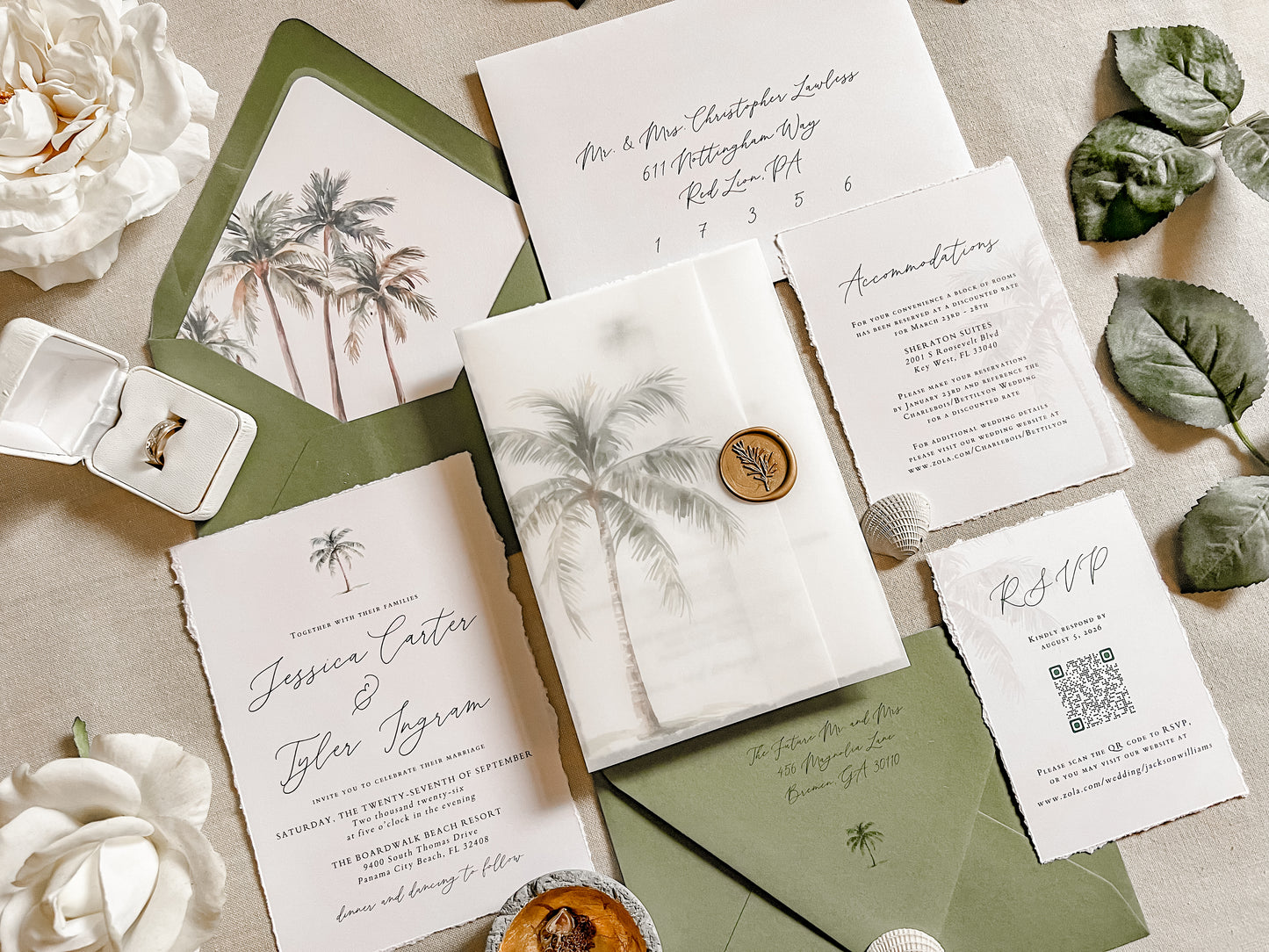 Tropical Wedding Invitation with Palm Tree, Vellum & Wax Seal