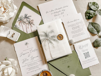 Tropical Wedding Invitation with Palm Tree, Vellum & Wax Seal