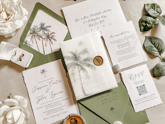 Tropical Wedding Invitation with Palm Tree, Vellum & Wax Seal
