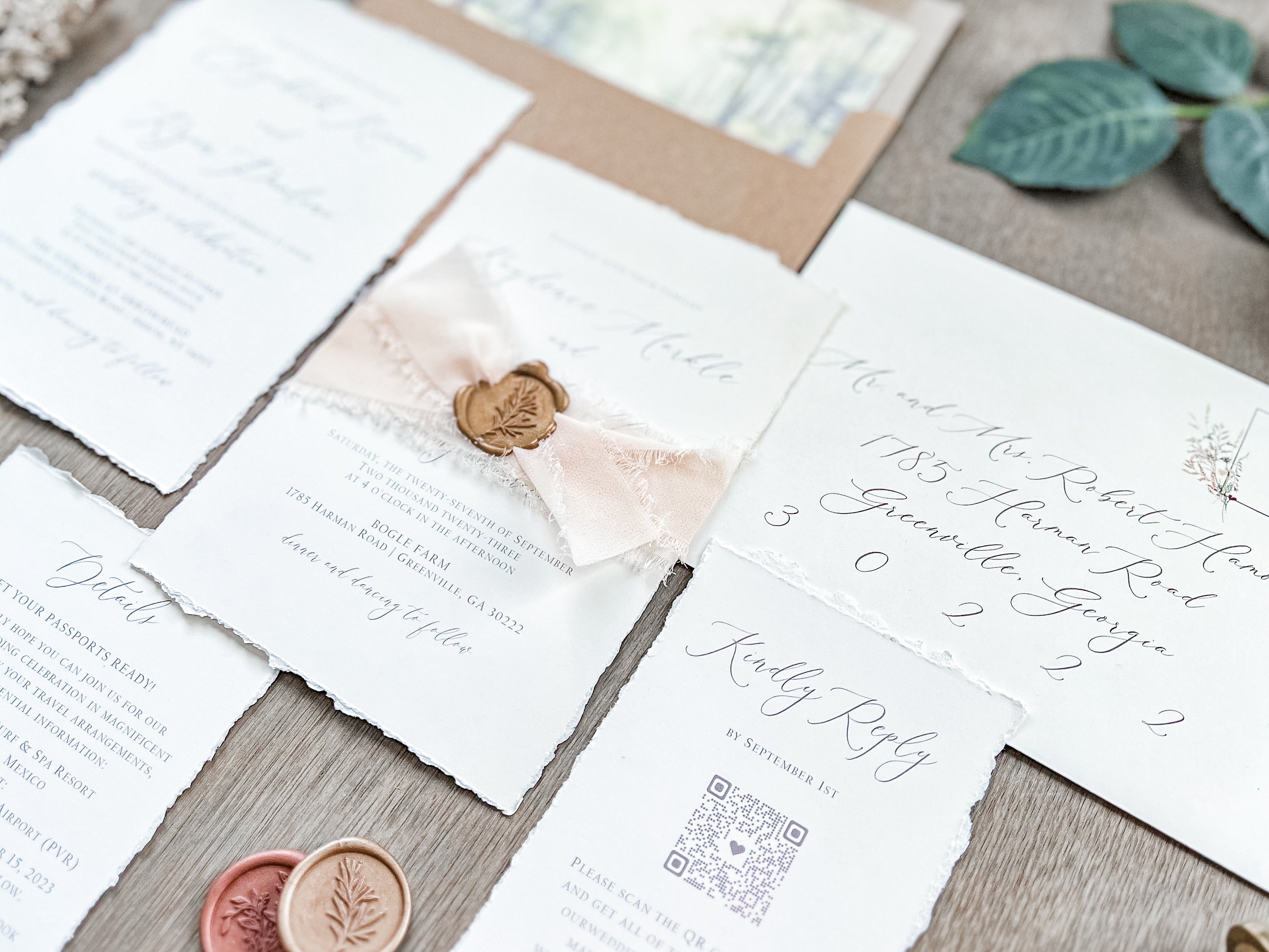 Old Money Wedding Invitation with Deckled Edging, Chiffon Ribbon and Wax Seal