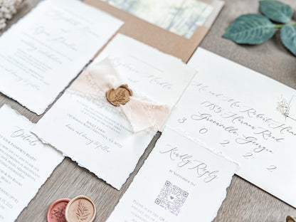 Old Money Wedding Invitation with Deckled Edging, Ribbon and Wax Seal