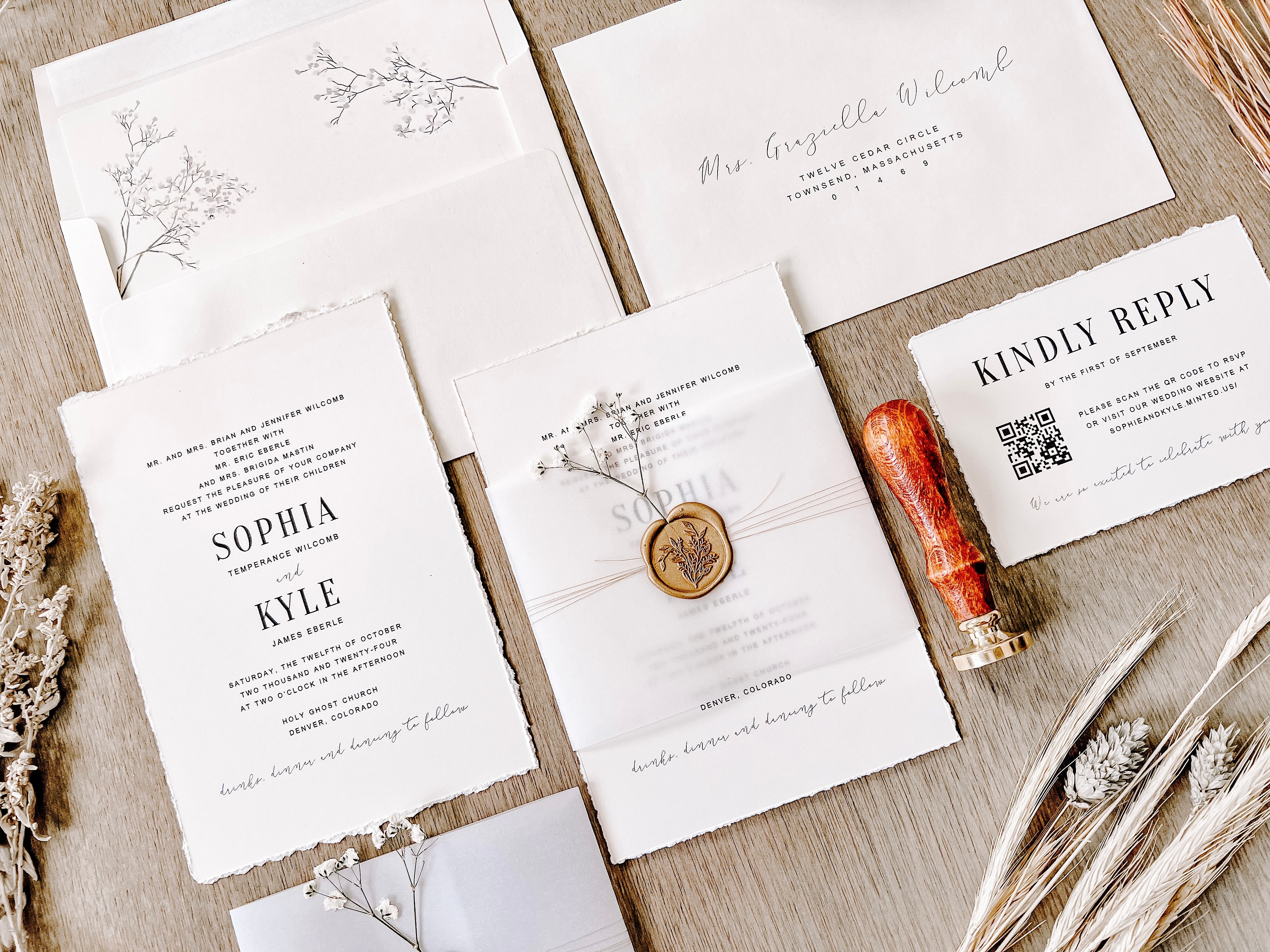 Contemporary Ivory Wedding Invitation with Baby’s Breath, Deckled Edging, Vellum Belly Band and Wax Seal