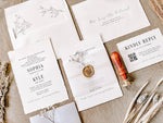 Contemporary Ivory Wedding Invitation with Baby’s Breath, Deckled Edging, Vellum Belly Band and Wax Seal
