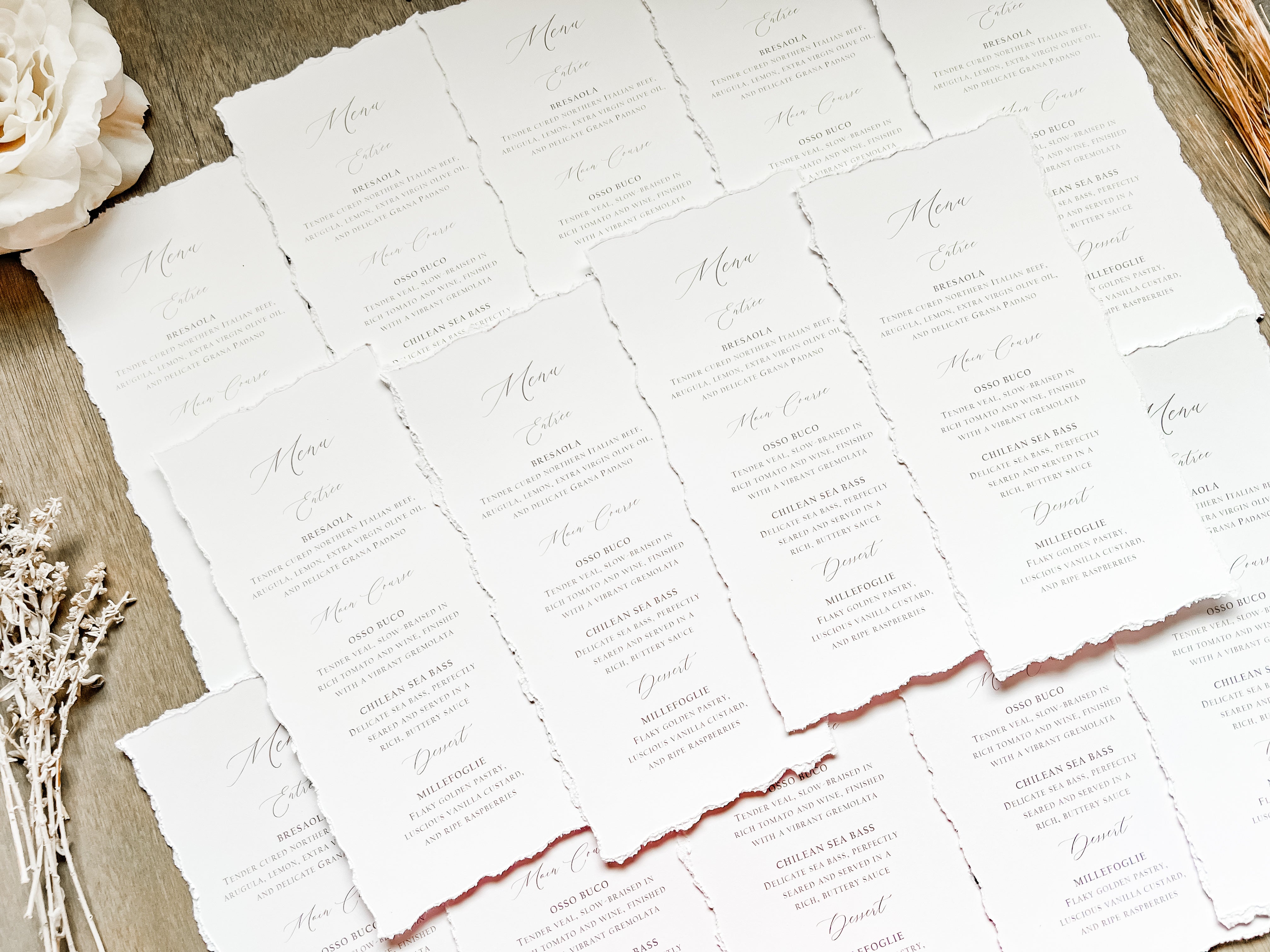 Simple Wedding Menus with Deckled Edging (Corresponding Place Cards sold separately)